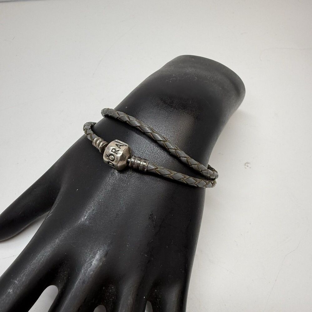 Pandora Braided Dark Gray Leather Double Wrap Bracelet